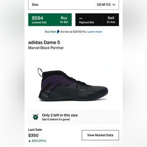 Men’s Adidas x MARVEL ‘Black Panther’ Dame 5 Size 11.5